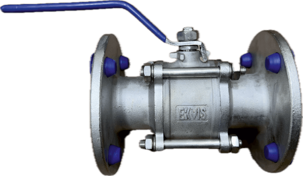EKVIS 3PC flanged ball valve with stainless steel body, flanges and blue lever handle